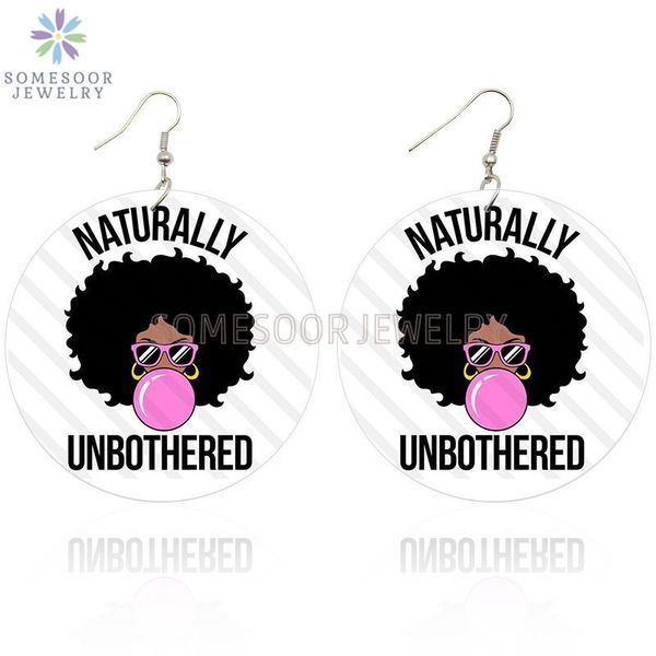 

somesoor unbothered naturally bubble gum girl wooden drop earring black queen afro arts double sides printed for women gifts, Silver