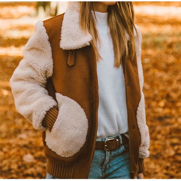

2019 leisure women's winter bomber jacket with fur patchwork thick warm parka casual streetwear outwear with pockets winter coat, Black;brown