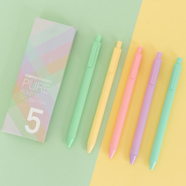 

5pcs/box kaco macaron colored gel pens retractable 0.5mm fine point press pen black pens school supplies kawaii