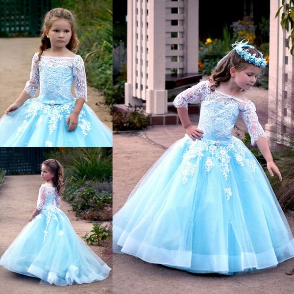 

light sky blue lace ball gown flower girl dresses for wedding beaded pageant gowns tulle sweep train appliqued first communion dress, White;blue