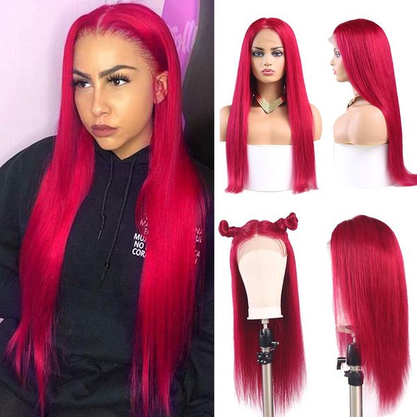 

13x4 lace frontal wigs 99j/burgundy pre plucked brazilian straight lace front human hair wigs african american women wigs remy, Black;brown