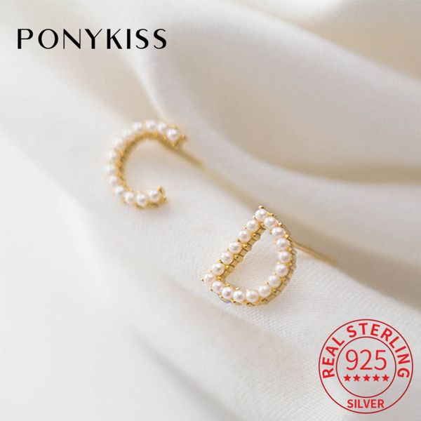 

ponykiss s925 sterling silver letter dc asymmetric pearl stud earrings women party delicate elegant earrings accessory chic gift, Golden;silver