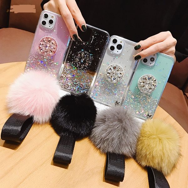 

3d diamond mobile phone holder stand glitter hairball soft phone case for iphone x xr xs 12 mini 11 pro max 6 6s 7 8 plus cell phone cases