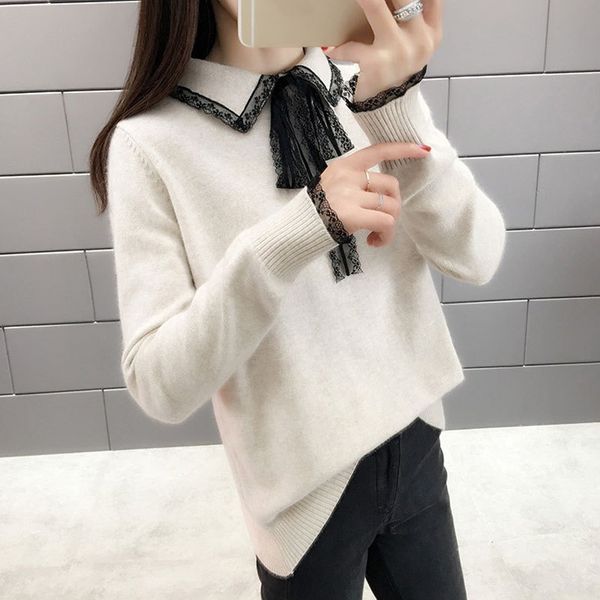 

2020 новое поступление женщин новый ленивый ветер кружевной воротник вязаный свитер 2020 мода, White;black