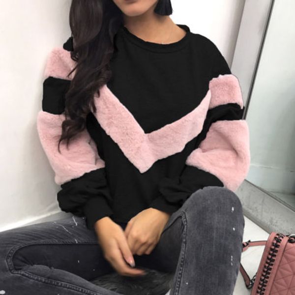 

plush patchwork sweater womens long sleeve sweater o neck pullover oversized jumper pullover top, White;black