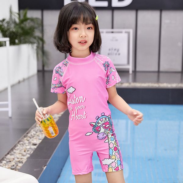 

new pink one piece swimsuit baby girl boxer zipper swimwear children with sleeve swimming cap kids prin giraffe bathing suit