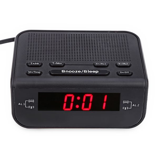 

modern design alarm clock fm radio with dual alarm buzzer snooze sleep function compact digital red led time display clocks