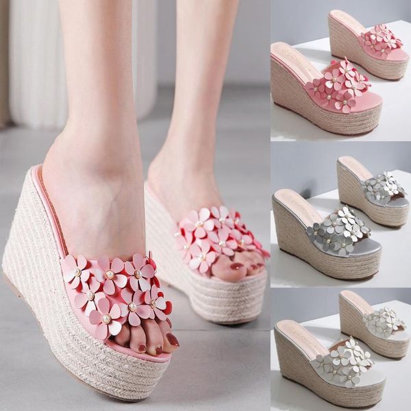 

women elegant summer romantic platform wedding sandals wedge flower slippers casual shoes 2020 female beach platform sandals, Black