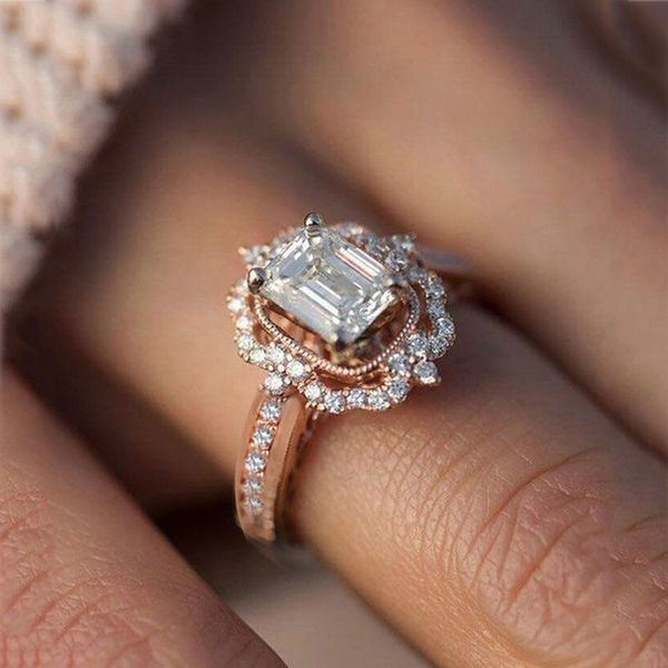 

rose gold color plated square zircon princess rings for women euramerican fashion engagement rings female promise jewelry anel, Silver