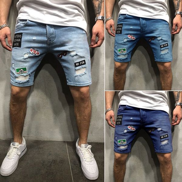 

fashion men denim shorts short jeans short pant midi pant frayed jeans ripped shorts rip knee length midi, Blue