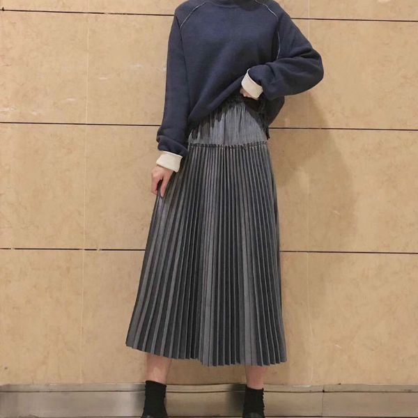 

retro pleated long skirt female fashion 2019 spring autumn korean version cute a line elastic high waist velvet feminino saia, Black