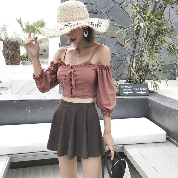

2019 bikini swimsuit split swimsuit female skirt shoulder conservative slim spring bikini, White;black