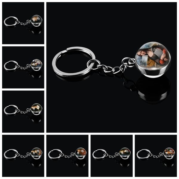 

da vinci oil painting fashion double side glass ball keychain personality art picture glass pendant metal keyring for men women, Slivery;golden