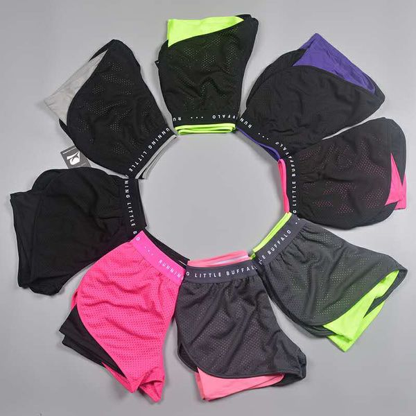 

summer new sports yoga pants mesh breathable anti-exposure double-layer shorts running fitness training pants, White;red