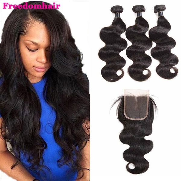 

малазийский kinky завитая 3 пачка с кружевом закрытие бразильского straight virgin человеческих волос с закрытием малазийского deep body wav, Black;brown