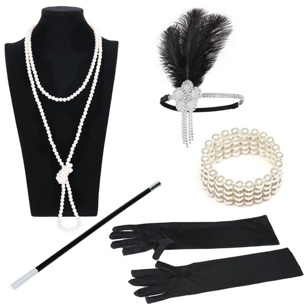 

fashion luxury designer vintage crystal diamond halloween feather pearl tassel headbands hair jewelry gloves pearl necklace bracelets set, Slivery;golden