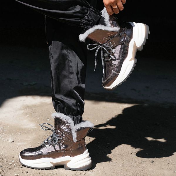 

eshtonshero women boots snow boots for winter shoes women casual med heel ankle botas fur warm lace up winter size 4-9, Black