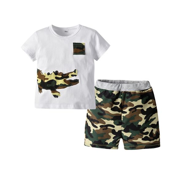 

european and american boys tide t-shirt cotton new crocodile round neck short-sleeved t woven camouflage shorts children's clothing, White