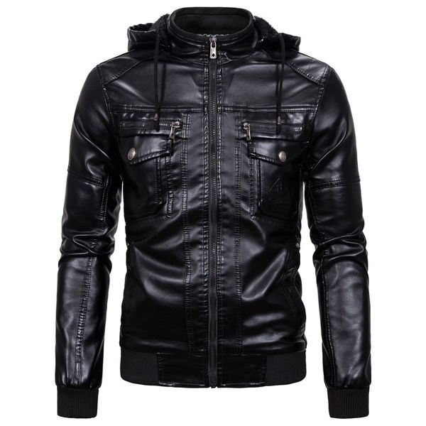 

black men's autumn winter jackets windproof and waterproof casual wearing long sleeve solid thicken hooded leather jacket top