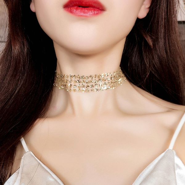 

selling rhinestone choker luxury crystal gem necklace glitter collar chocker fashion necklace long chain jewelry for party, Golden;silver
