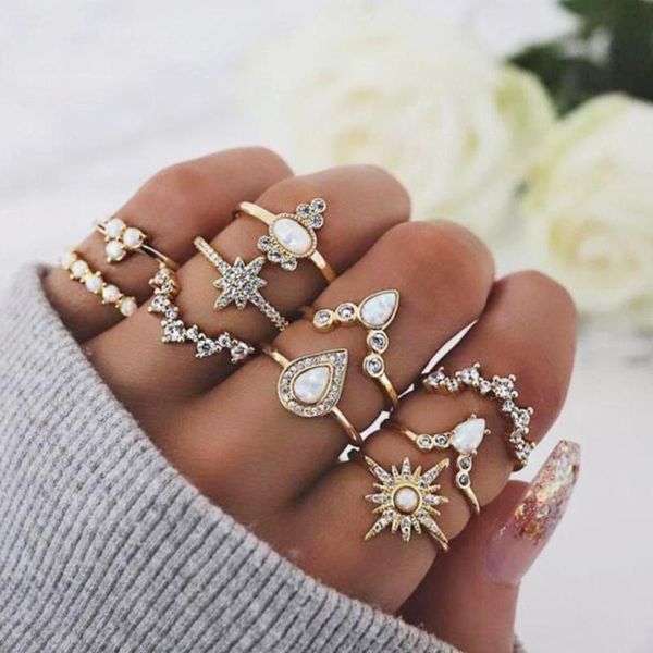 

10pcs/set crown flower ring rhinestone vintage knuckle rings jewelry gift femme boho statement jewelry dropshipping, Slivery;golden