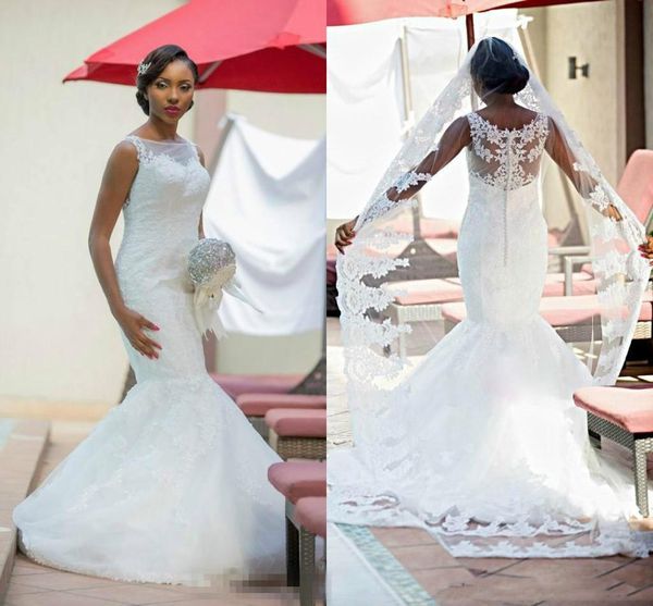 

african mermaid lace wedding dresses 2019 with appliques jewel neck sweep train tulle plus size wedding bridal gowns, White