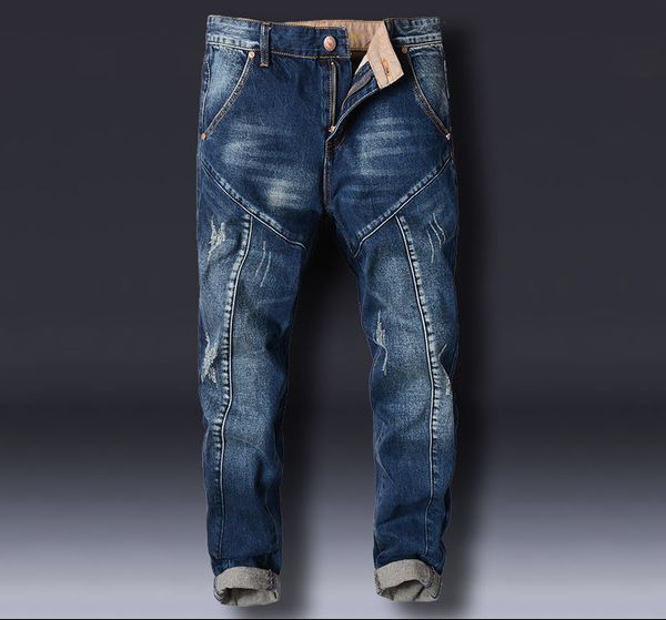 

new pants stitching korean version harlan jeans men's small pants slimming velvet pants male loose men's jeans, Blue