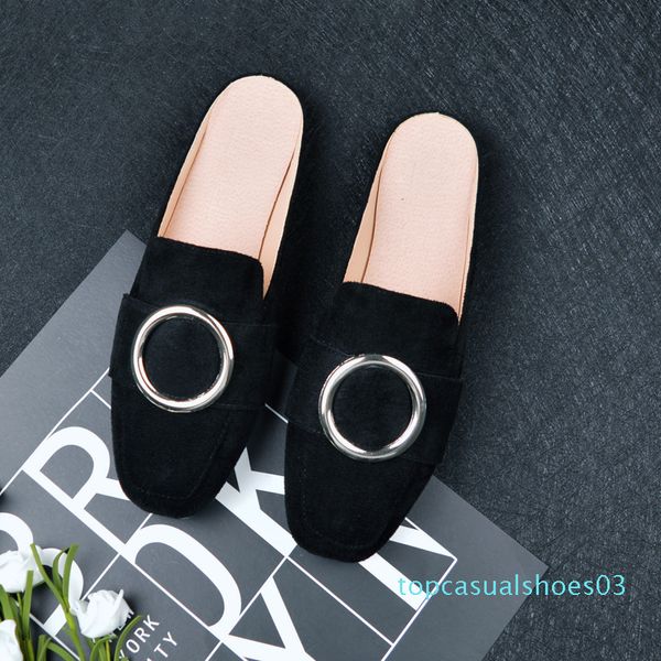 

shoes woman 2020 womens slippers outdoor cover toe flock female mule rivet loafers soft mules flat basic fabric retro metal t03, Black