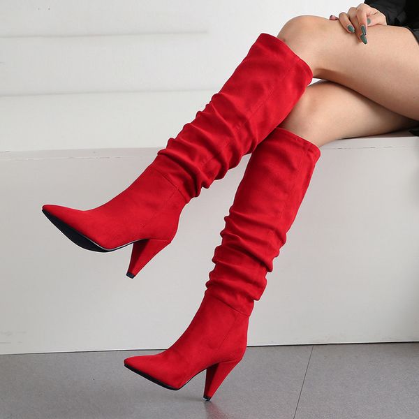 

Winter Knee High Boots Women Pleated Spike Heels Long Boots Pointed Toe Super High Heel Shoes Ladies Fall Red