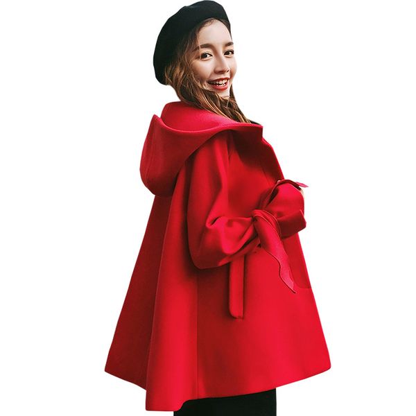 

women woolen coat 2018new autumn winter clothes korea loose short hooded outerwear black red wool coat elegant female 335