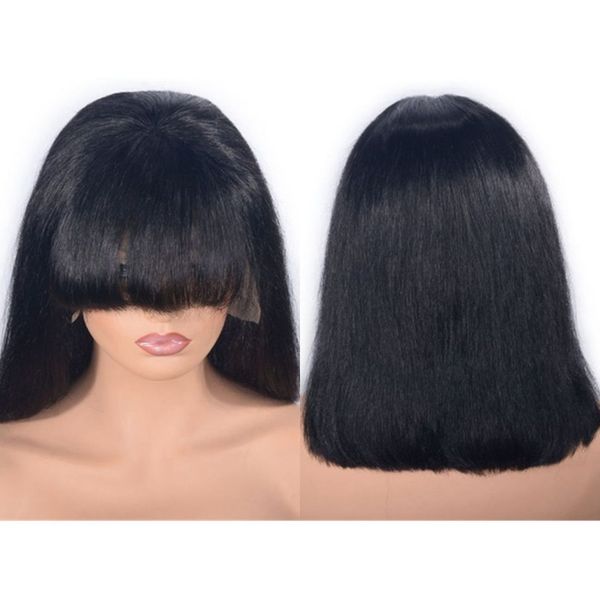 

mongolian lace front wig straight human hair wig with bangs 12 inches natural color bob wig, Black;brown