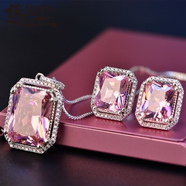 

set high-end super popular fashion rectangular pink zircon pendant necklace female korean version choker, Silver