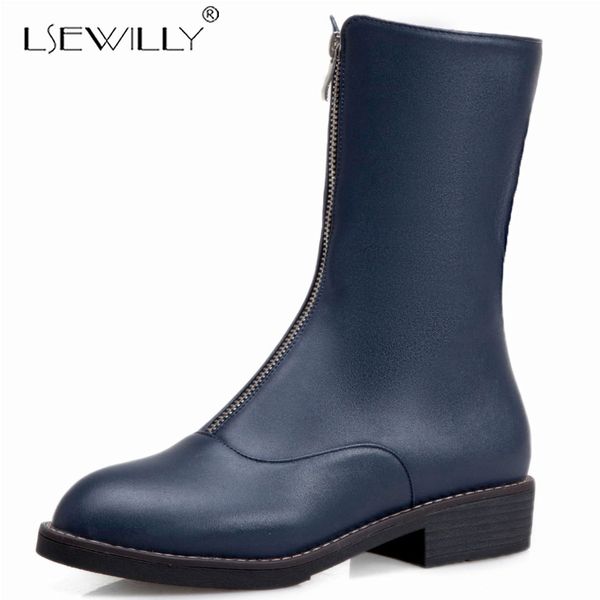 

lsewilly autumn winter boots women 2019 front zip sewing chunky low heels booties mid calf yellow black white womens shoes k116