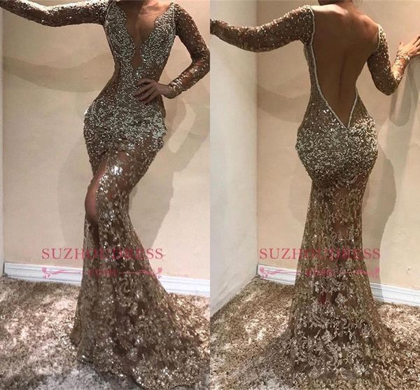 

Новый люкс Sparkly Кристалл Пром платья 2019 Длинные рукава Формальные партии платье Se