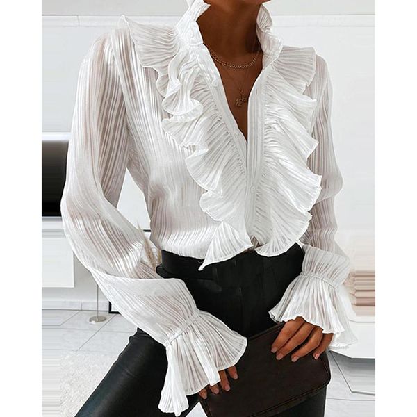 

women spring solid v neck ruffles long sleeve blouse shirt female casual slim korean harajuku denim sj5846u, White