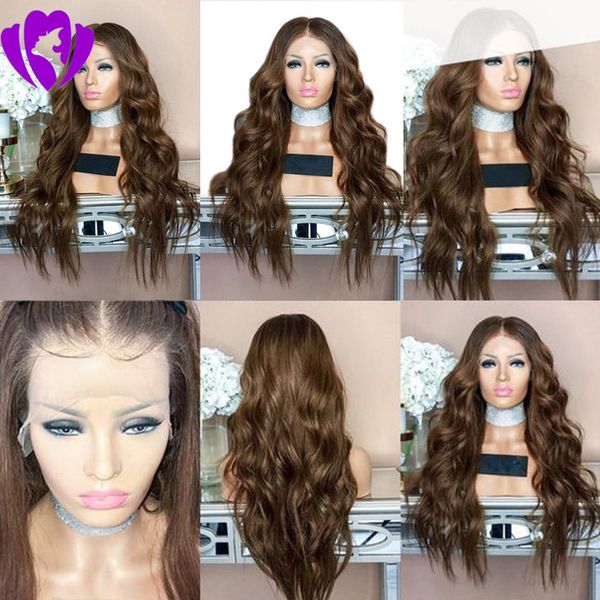 

2019 fashion synthetic lace front wig body wave ombre brown highlights color 180% density middle part pre plucked, Black