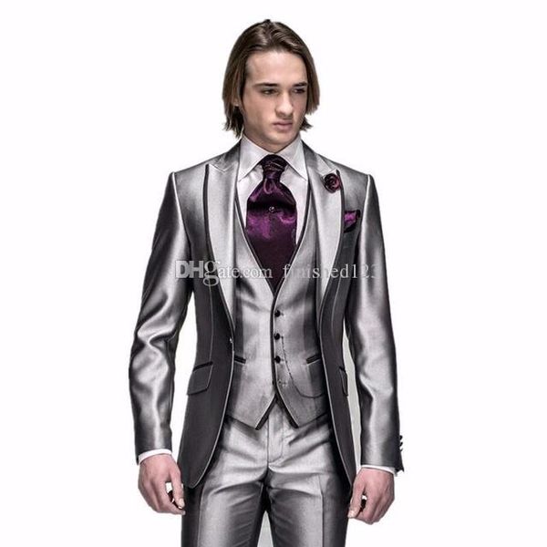 

popular one button silver korean satin wedding groom tuxedos peak lapel groomsmen men formal prom suits (jacket+pants+vest+tie) w208, Black;gray