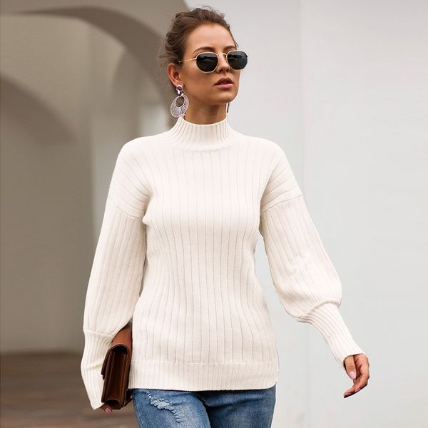 

fashion women solid turtleneck sweater knipullover long sleeve o-neck fashion loose sweater blouse, White;black