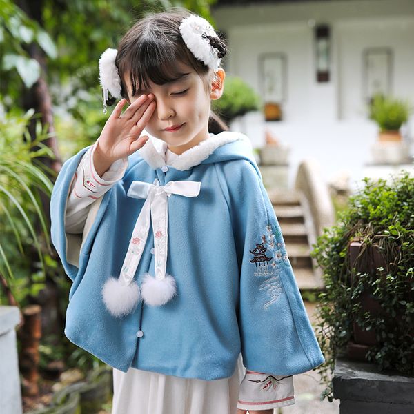 

autumn winter girls chinese national style princess cape cloak coat children traditional plus cashmere windproof warm clothes, Blue;gray