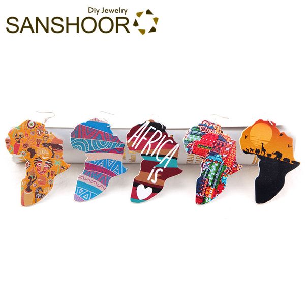 

sanshoor selected african map wood drop earrings afrocentric ethnic culture artistic bohemia jewelry for black women gift 6pairs, Silver