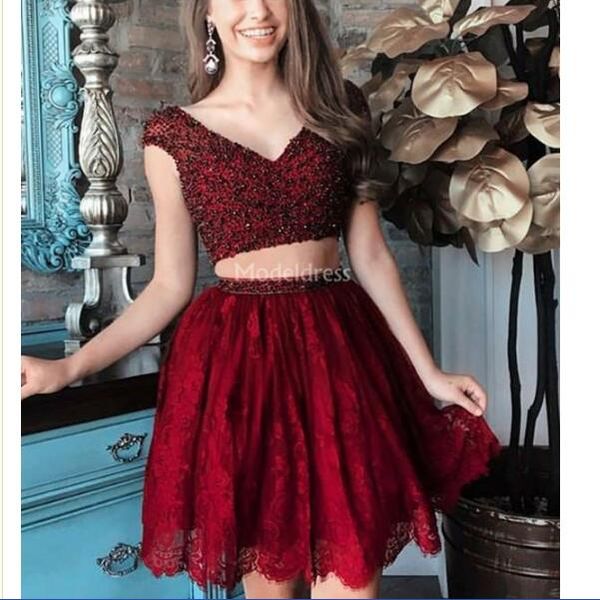 

lace homecoming dresses two pieces v-neck major beading above knee cocktail gowns special occasion dresses short party prom gowns, Red