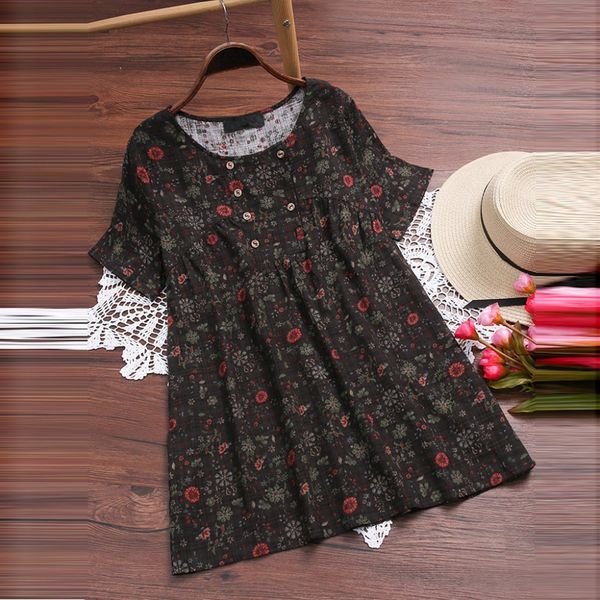 

2019 fashion womens blouse vintage linen floral printed shirt sleeve v-neck shirts casual blouse blusas mujer de moda #40, White