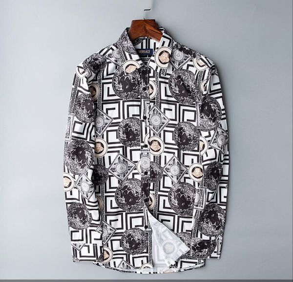 

2019 осень и зима с длинными рукавами повседневная рубашка мужская рубашка с принтом цветная печать slim medusagold цепочка шиповник с принт, White;black