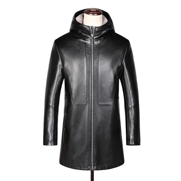

fur coat men haining leather hooded one piece sheep fur winter coat long thickening plus velvet hood leather long jacket, Black