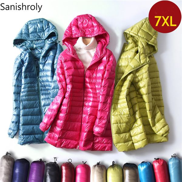 

sanishroly s-7xl 2018 women white duck down jacket hooded ultra light down coat parka female midi long outerwear plus size se256, Black