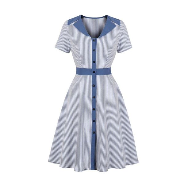 

women summer dress short sleeve vintage dress striped print elegant a-line midi dresses female plus size qy0925, Black;gray