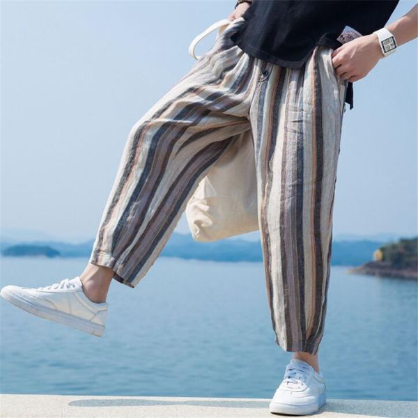 Yaz Elastik Bel Erkekler Baggy Pantolon Gevşek Pamuk Keten Geniş Bacaklar Şerit Baskı Bırak Crotch Heren Joggers Artı Boyutu 3XL DS50154