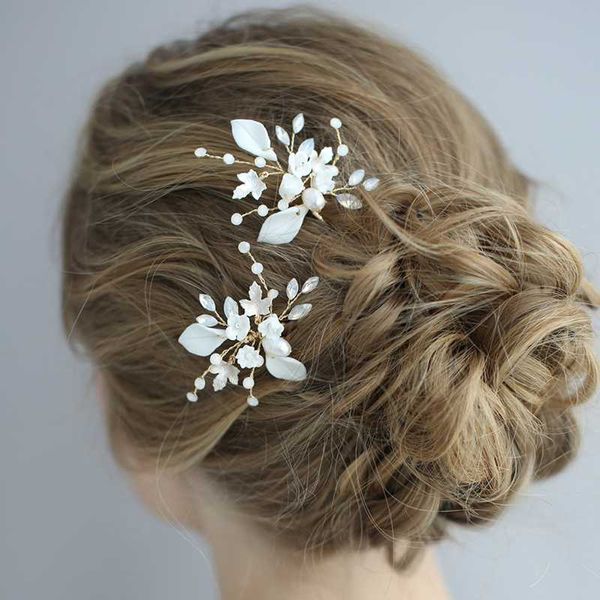 

slbridal wired rhinestone crystal ceramic flower pearls wedding hair pin set bridal hair sticker accessories women jewelry, Golden;white