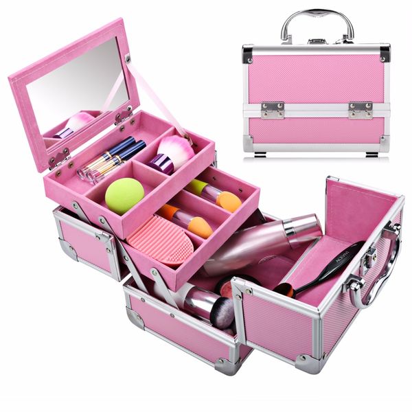 

fanala 3tier foldable makeup box extendable aluminum makeup organizer cosmetic brush holder case jewelry organizer, Black;blue