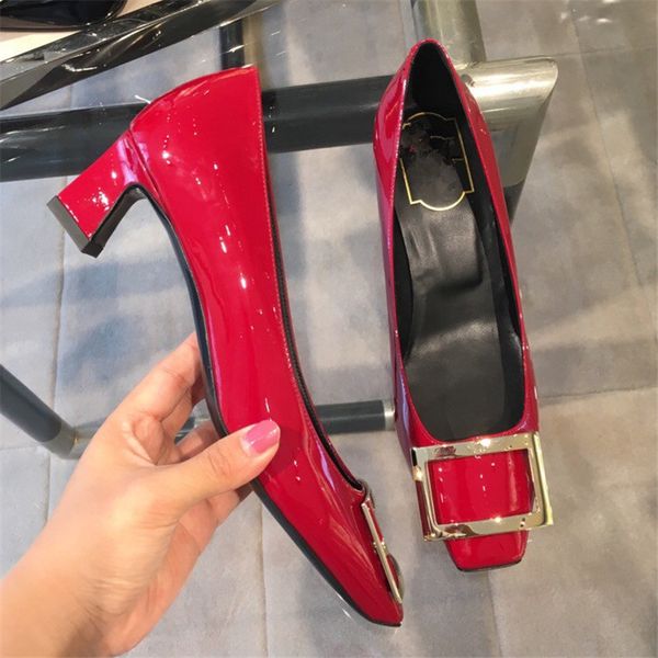 

2020 new patent leather solid color woman pumps fashion brand square toe low heel shoes elegant lady party wedding shoes, Black